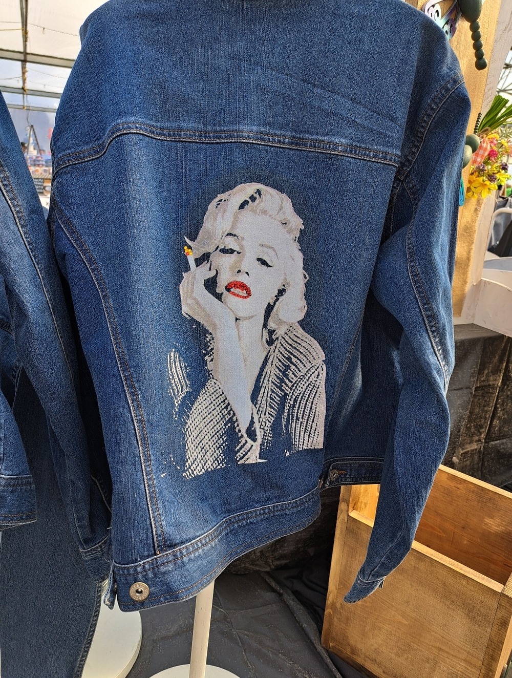 Embroidered Denim Jacket with Marilyn Graphic - Blue